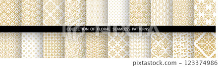 Geometric floral set of seamless patterns. White and golden vector backgrounds. Damask graphic ornaments Geometric floral set of seamless patterns. White and golden vector backgrounds. Damask graphic ornaments 123374986