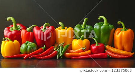色彩鮮豔的蔬菜展示，配有彩色辣椒粉和辣椒 123375002