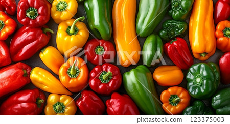 色彩鮮豔的蔬菜展示，配有彩色辣椒粉和辣椒 123375003