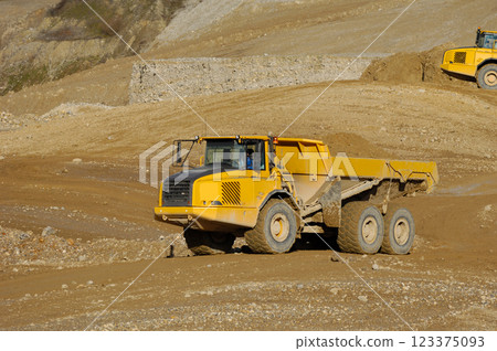 Yellow dump truck working in gravel pit Yellow dump truck working in gravel pit 123375093
