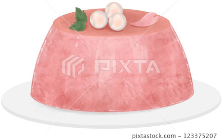 A pudding topped with a pink flower. 123375207