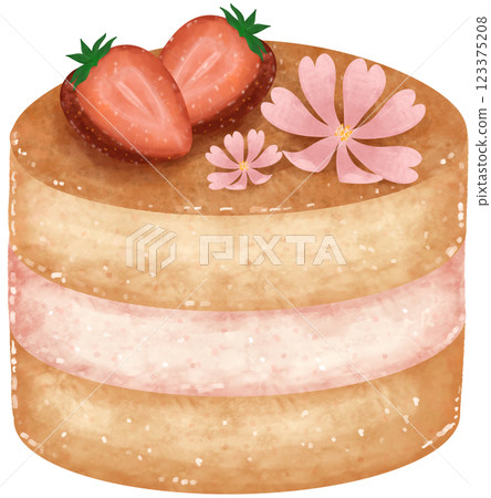 cake strawberry on top with pink flower 123375208