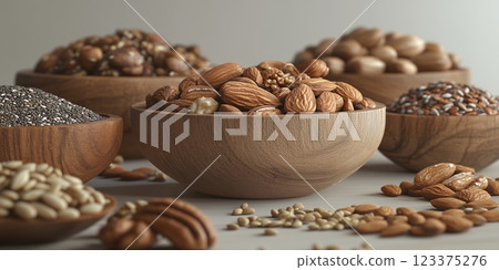 在木碗中健康地展示堅果和種子 在木碗中健康地展示堅果和種子 123375276