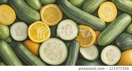 A vibrant fresh display of zucchini and lemons 123375308