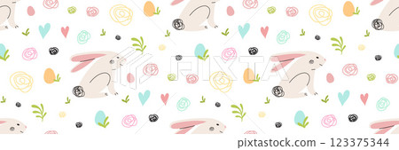 Happy Easter rabbit seamless pattern. Colorful eggs, modern bunnies, and abstract doodles, colored pencil scribble. Suitable for greeting cards, banner, textiles, wallpapers. Vector illustration. 123375344