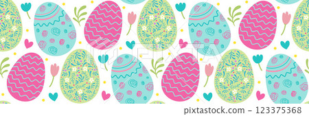 Easter seamless pattern floral and geometric patterned eggs. Festive background for invitations. Suitable for greeting cards, banner, textiles, wallpapers. Vector flat illustration. Easter seamless pattern floral and geometric patterned eggs. Festive background for invitations. Suitable for greeting cards, banner, textiles, wallpapers. Vector flat illustration. 123375368