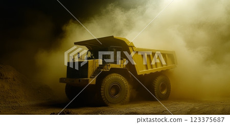 Heavy Duty Mining Truck in Dusty Golden Haze at Night ai generative Heavy Duty Mining Truck in Dusty Golden Haze at Night ai generative 123375687