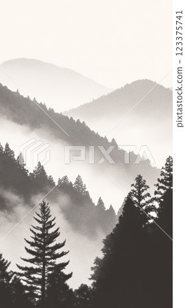 Misty Mountain Forest Silhouette Serene Black and White Landscape ai generative 123375741