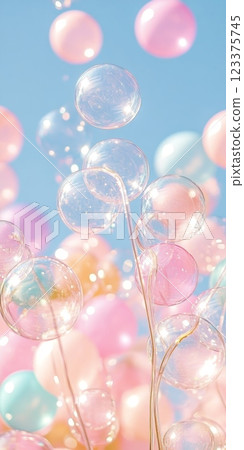 Colorful Bubbles and Balloons Floating in Clear Blue Sky ai generative 123375745
