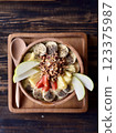 Smoothie bowl with bananas, berries, granola and other ingredients 123375987