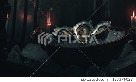 Luxurious Oysters on Ice Adorned by Candlelight in a Dark Elegance Setting ai generative ai generative 123376028