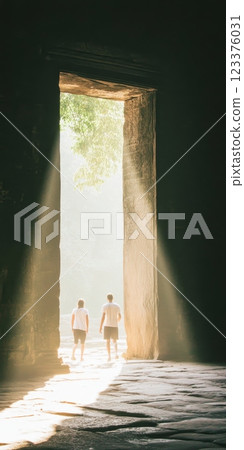Morning Light through Ancient Doorway Illuminates Two Figures Walking ai generative ai generative 123376031