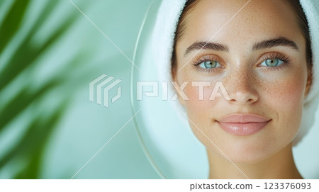 Natural Beauty Portrait of Relaxed Woman with Clear Skin and Towel Wrapped Hair ai generative ai generative 123376093