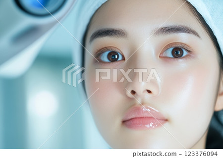 Close Up Portrait of Woman with Flawless Skin in Skincare Routine Setting ai generative ai generative 123376094