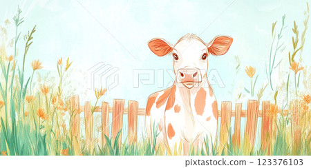 Cute Cow in Meadow with Flowers and Fence on a Sunny Day ai generative ai generative 123376103