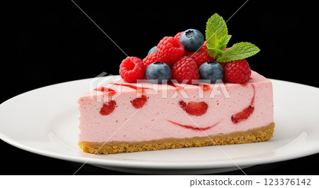 Delicious slice of strawberry cheesecake with fresh berries and mint leaves, placed on a white ceramic plate, soft shadows, professional studio lighting, ultra-sharp, close-up 123376142