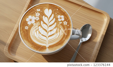 op-down view of a latte with intricate spring flower latte art, served on a wooden tray with a spoon, soft natural lighting, ultra-realistic, high resolution, close-up shot 123376144