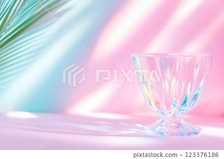 Pastel Aesthetic Glass Cup on Vibrant Background with Tropical Leaf Shadow ai generative ai generative Pastel Aesthetic Glass Cup on Vibrant Background with Tropical Leaf Shadow ai generative ai generative 123376186