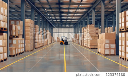 Modern Warehouse Interior with Forklift and Stacked Boxes in Industrial Setting ai generative ai generative Modern Warehouse Interior with Forklift and Stacked Boxes in Industrial Setting ai generative ai generative 123376188