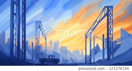 Colorful Sunset Over Industrial Cityscape with Silhouetted Structures and Vehicle ai generative ai generative 123376194