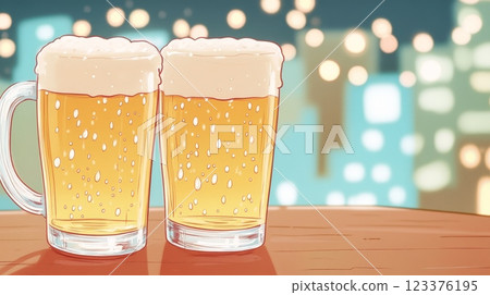 Frothy Beer Mugs on Wooden Table Against Blurred City Lights Background ai generative ai generative 123376195