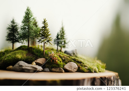Miniature Forest Diorama on Tree Stump with Lush Greenery and Rocks ai generative ai generative 123376241