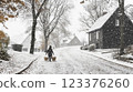 Winter Scene in Snowy Village Person Carrying Baskets on Quiet Road ai generative ai generative 123376260