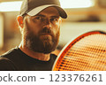 Focused Tennis Player with Beard Holding Racket in Sportswear ai generative ai generative 123376261