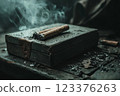 Vintage Cigars and Smoky Atmosphere on Wooden Box in Dark Setting ai generative ai generative 123376263