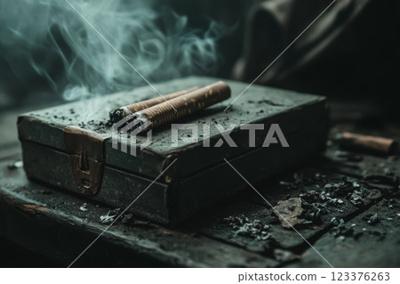 Vintage Cigars and Smoky Atmosphere on Wooden Box in Dark Setting ai generative ai generative Vintage Cigars and Smoky Atmosphere on Wooden Box in Dark Setting ai generative ai generative 123376263