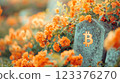 Symbol on Stone Amid Vibrant Orange Flowers in a Serene Garden Setting ai generative ai generative 123376270