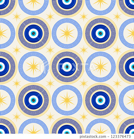 Evil eye seamless pattern. Turkish blue bead with meander. Greek vector magic background with ethnic nazar symbol of protection and luck. Traditional ornament with energy amulet and spiritual talisman 123376473