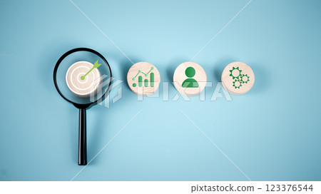 Goal and target, Business goals and objective concepts, Success and business target concept, Project management, Company strategy, Magnifying glass focus to target objective with icon action plan. 123376544