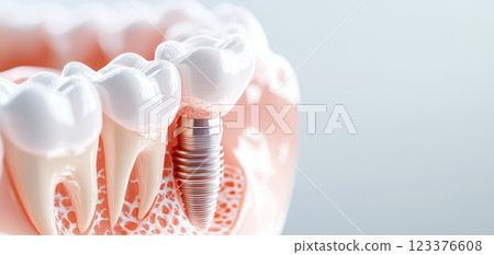 Dental implant cross section showing placement in jawbone structure Dental implant cross section showing placement in jawbone structure 123376608