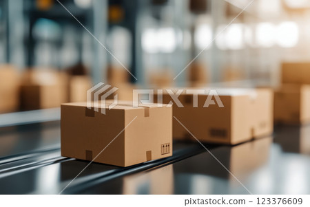 Delivery boxes on conveyor belt in clean, organized warehouse setting 123376609