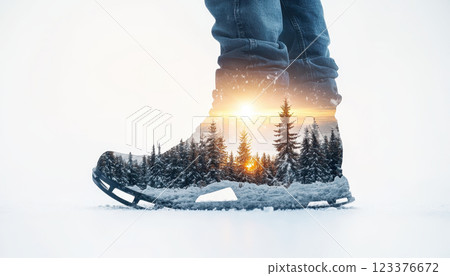 snowshoeing adventure captured with double exposure effect, showcasing person boots surrounded by winter landscape of trees and sunset. image evokes sense of exploration and tranquility 123376672