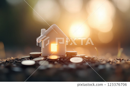 house model with glowing window surrounded by coins symbolizes savings 123376706