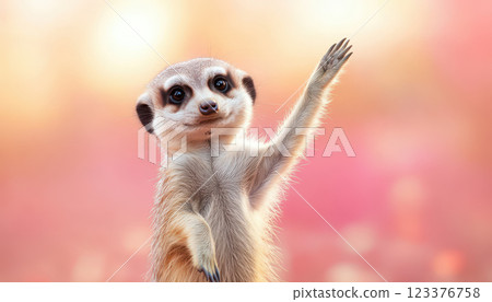 Meerkat waving playfully in colorful habitat, showcasing its charm Meerkat waving playfully in colorful habitat, showcasing its charm 123376758