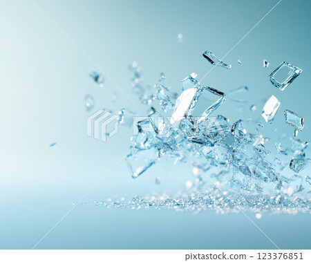 Shattered glass pieces scatter across soft blue background, creating dynamic and artistic visual effect. interplay of light and reflections adds depth and intrigue to composition 123376851
