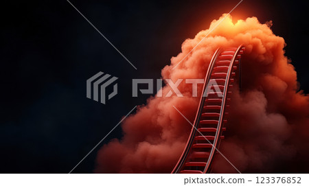 conceptual image of rollercoaster ascending into vibrant cloud, evoking excitement and thrill. dramatic lighting enhances sense of adventure and wonder 123376852