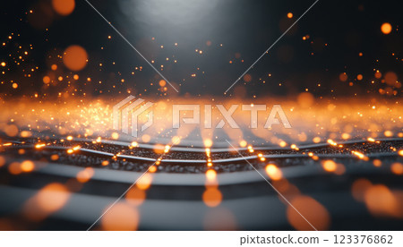 mesmerizing digital grid with glowing orange particles creates abstract scene, evoking sense of depth and movement. vibrant lights dance across surface, enhancing visual experience 123376862