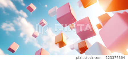Floating colorful cubes against bright sky create whimsical atmosphere, evoking feelings of joy and creativity. vibrant colors enhance playful scene 123376864
