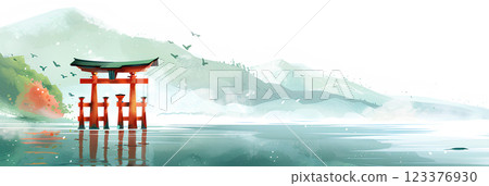 世界遺產宮島嚴島神社的紅色鳥居 世界遺產宮島嚴島神社的紅色鳥居 123376930