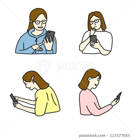 一位女士看著智慧型手機的插畫素材 123377083