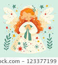 A spring card. Cute little angel girl with wings, in a white cap. 123377199