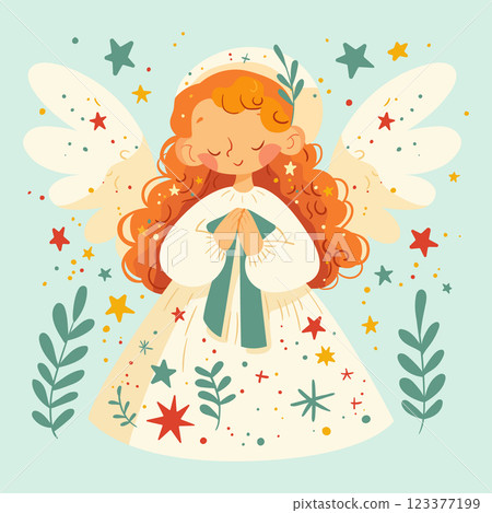 A spring card. Cute little angel girl with wings, in a white cap. 123377199