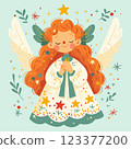 A spring card. Cute angel girl with wings, dress decorated with stars. 123377200