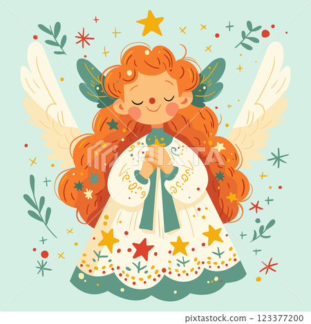 A spring card. Cute angel girl with wings, dress decorated with stars. 123377200