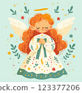 A spring card. A cute little angel girl is holding a bow with wings and a halo above her head. 123377206