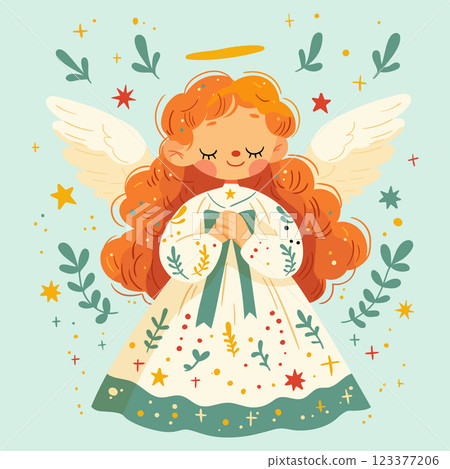 A spring card. A cute little angel girl is holding a bow with wings and a halo above her head. 123377206